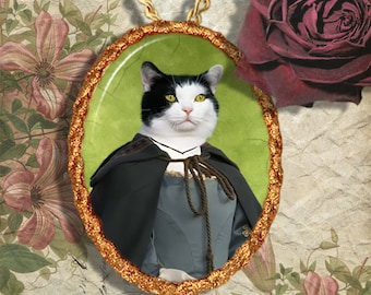 Tuxedo Cat Jewelry Pendant Necklace - Brooch Handcrafted Ceramic