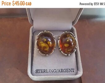 ON SALE Vintage Sterling Silver and Amber Clip-on Earrings