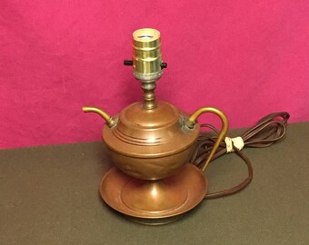 An Old Copper Oil Style Electric Table Lamp, Teapot Night Stand Lamp with Copper Handle and Spout