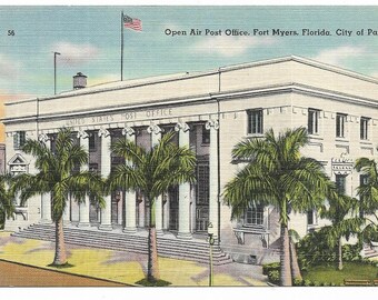 Vintage Florida Linen Postcard Fort Ft Myers Open Air Post Office Royal Palms City of Palms UNUSED