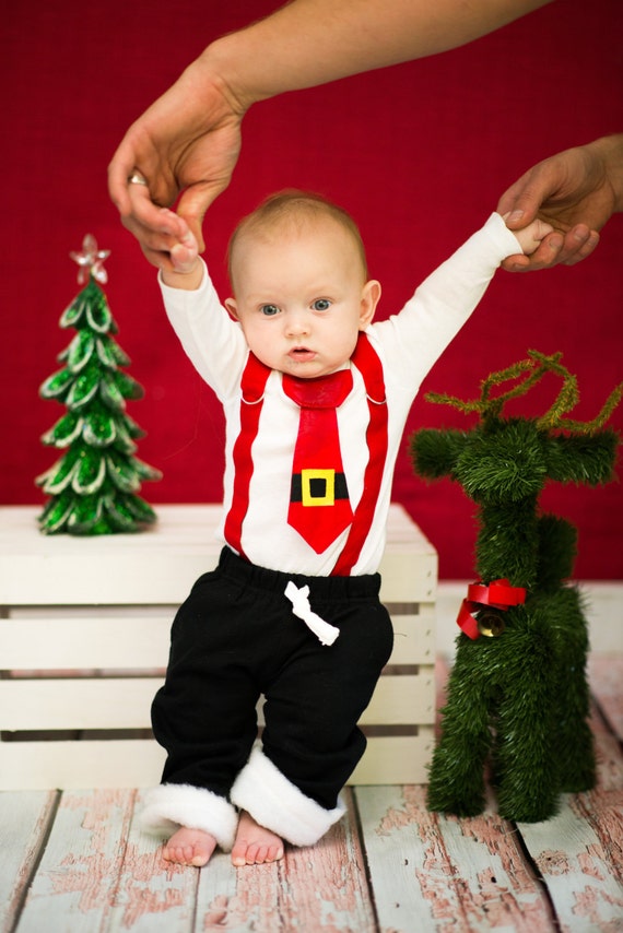 Baby Boy Santa Bodysuit with suspenders CHRISTMAS Photo