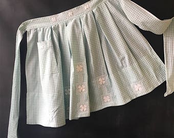 Vintage Apron Gingham pale green, check, cotton, half apron