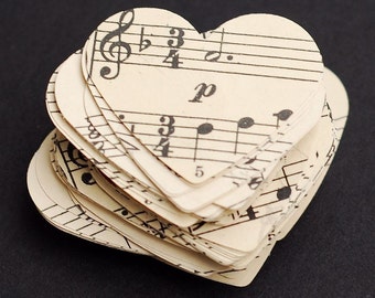 music paper hearts- vintage craft supplies, 100 vintage sheet music paper hearts, Valentines Day decorations