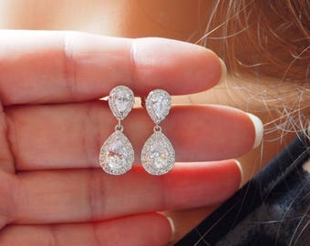 Cubic Zirconia Teardrop Earrings, Upside Down Teardrop Ear Post, Stainless Steel Post, Bridal Drop Earrings, Wedding, Bridal Jewelry -17S54E