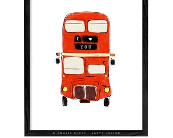 I love you print Valentines print Valentines gift Love print Love poster San Valentine London bus print London bus illustration London print
