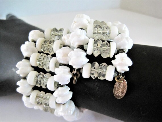 Miriam Haskell Bracelet, Signed White Lucite, Memory Wire, White Bead, Classic Wrap