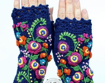 Navy Blue Embroidered Gloves, Fingerless Gloves, Blue Mitts, Rainbow Colors, Bright Colors, Gloves & Mittens, Gift Ideas, For Her, Accessory