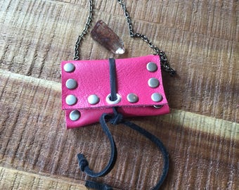 Hot Pink Leather Jewelry - Recycled Leather-Talisman Pouch Necklace - Amulet Bag Necklace - Medicine pouch - Lucky Crystal pouch