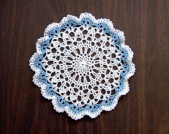 Sea Shells Crochet Lace Doily, Delft Blue, White, 8 Inch Doily, Coastal Decor Beach, Scallop Seashells Beachy Decor, Ruffled, Cottage Chic