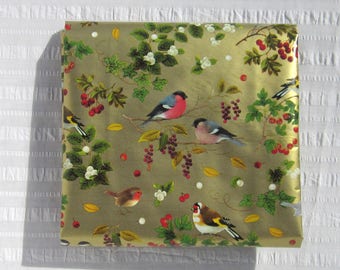 One piece of vintage heavy weight wrapping paper, lovely bird varieties and fruited branches on gold background, 30" x 40".