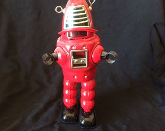 Vintage Toy, Tin Toy, Wind Up Toy, Action Robot, Walking Robot, Sparkling Robot, Made in Japan - 1970