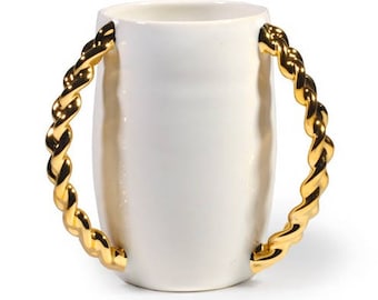 White and Gold Washing Cup, 22k Gold Braided Handles, Modern Judaica, Wedding gift, Netilat Yadayim
