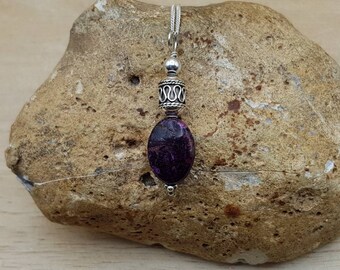 Purple Sugilite pendant. Bali silver beads. Reiki jewelry uk. Wire wrap pendant