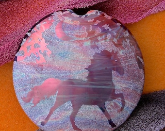 Handmade Lampwork Focal Bead "Twilight Horse" SRA Sandblasted Glass ~ Iridescent Lustre Picture Bead ~ Pinks & Purples