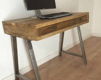 Reclaimed Pine Box Desk with Drawer Solid Wood Dressing Table A-Frame Legs