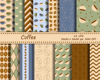 SALE Coffee digital paper pack, printable coffee beans backgrounds for scrapbooking - 14 jpeg papers with free clip art