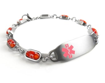 Womens Medical Alert Bracelet Engraved, Red Millefiori Glass, Pink i2C-YR11