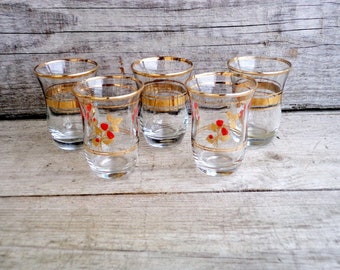 Vintage 60's Shot Glasses, Set of five Shot Glasses, Clear Glass with Gold Decoration, Retro shot glasses, Vintage Barware, Retro Drinkware