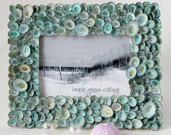 Seashell Frame, Beach Decor Shell Frame, Nautical Decor Aqua Limpet Seashell Frame, Green Limpet Shell Frame, 5x7"
