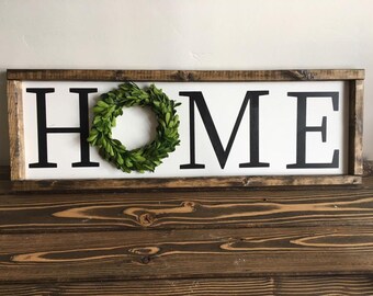 Home boxwood wreath farmhouse sign