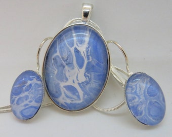 2pcs blue and white,abstract jewelry set ,wearable art,statement jewelry,custom, hand painted,abstract design,unique, gift for her.