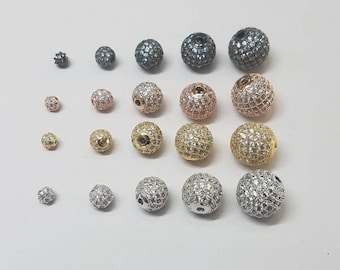 1 Piece - Round Micro CZ Pave Beads, 4mm, 6mm, 8mm, 10mm, 12mm, Gunmetal, Silver, Gold, Rose Gold