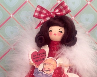 Valentine doll valentine decor vintage retro inspired valentine centerpiece token of love party decor brunette doll red