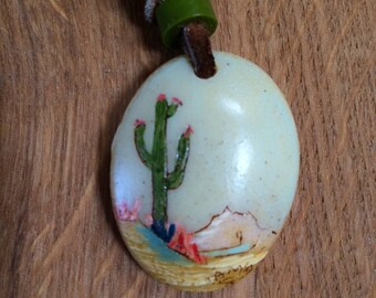 Hand painted Saguaro, Desert Scene necklace.