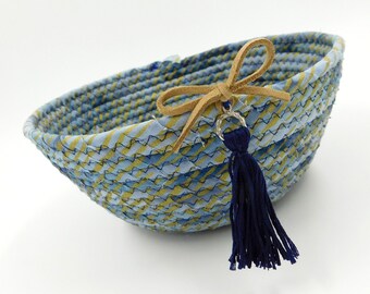 Navy Blue Tassel Basket, Coiled Rope Basket in Blue and Gold, Decorative Storage Basket, Office Desk Caddy, Craft Organizer, Laura Loxley