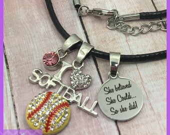 Personalized Softball Gifts - Softball Necklace - Birthstone Necklace - She Believed She Could So She Did, Graduation, Senior Night, I Heart