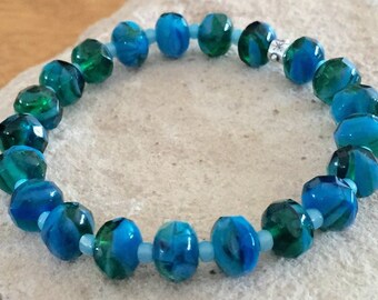 Blue and green bracelet, Czech glass bead bracelet, seed bead bracelet, stretch bracelet, silver bracelet, blue stretch bracelet