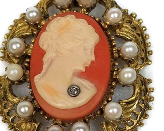 Vintage Cameo With Pearls Surround and Diamond Pendant and Chain