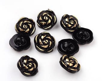 10 buttons 13 x 6.5 mm flower black gold new