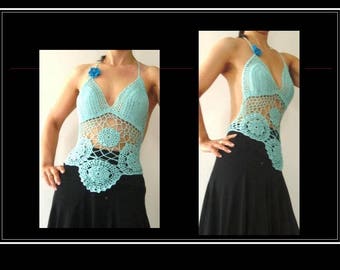 Halter mesh cotton lace and rosettes green of water