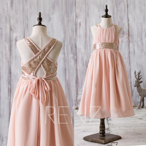  Junior  Bridesmaid  Dress  Peach Rose  Gold  Sequin Flower Girls