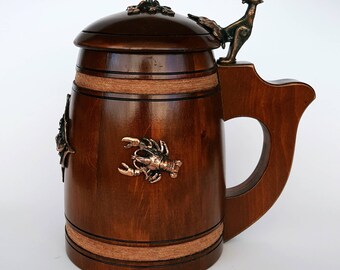 Impressive Handmade Wooden Beer Mug With Lid - Oak Wood Pint Beer Stein Tankard With Stuning Lobster Ornaments Made From Metal