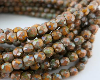 4mm Sunflower Picasso Beads, Faceted Firepolished, Czech Glass, Strand of 50