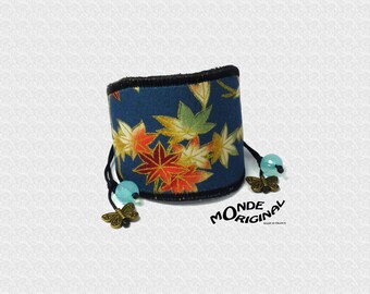 Japanese cotton fabric Cuff Bracelet leather, Japanese fabric, textile cuff, textile jewelry, blue bracelet cuff