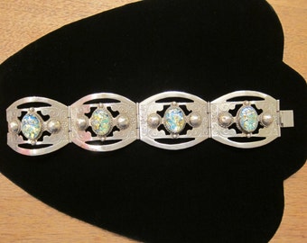 Vintage Mexico Alpaca Silver Art Foil Harlequin Glass Cabochons Panel Linked Hinged Bracelet 7 Inches - Mexican Jewelry AS IS