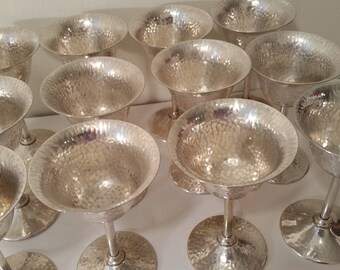 Vintage Silverplate Wine Goblets 1970's Collection of 12 Hammered Silver Water Goblets Made in USA by Bernard Rice's Sons, Inc. 5" x 3 1/4"