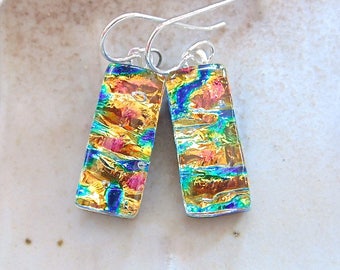 Gold Earrings, Blue, Aqua, Petite, Dichroic Glass, Fused Glass Jewelry, Dangle, Sterling Silver, A9