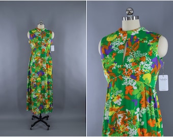Vintage 1960s Dress / 60s Hawaiian Print Dress / LIBERTY HOUSE / Maxi Dress / Aloha Dress / Green Floral Print