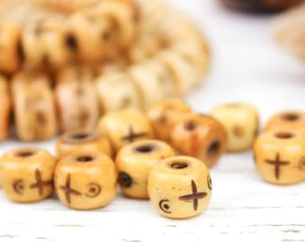 Natural Ox Bone Carved Round Rondelle Beads, Antique Tea Stained, 6.5x9mm, 30 Beads, G23, Rustic Boho Primitive