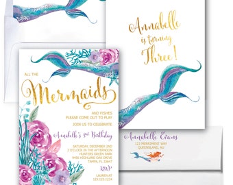 Purple and Teal Mermaid Invitation, Mermaid Birthday Invitation, Under the Sea Invitation, Watercolor, Gold, Floral - QUEENSLAND COLLECTION