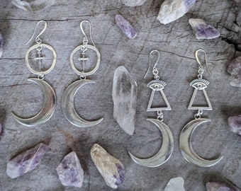 Moon Earrings - Crescent - Witchy - Goth - Silver - Evil Eye - Sword - Geometric - Unique Gift - Dagger - Occult - Illuminati