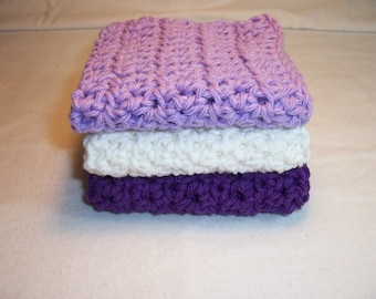 Set of 3 Handmade Crocheted Dish / Wash Cloths - Crochet Dishcloths - Bath WashCloths 7" x 7" 100% Cotton