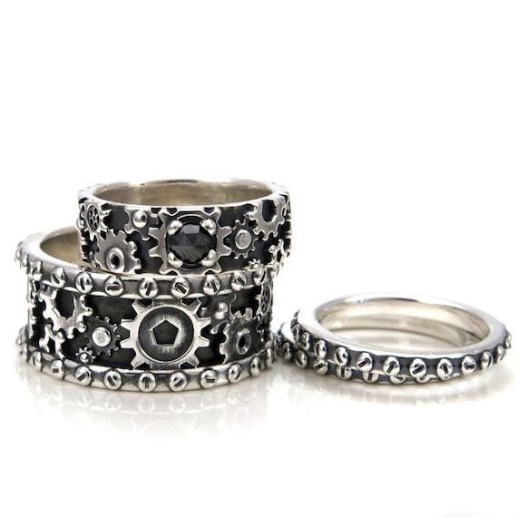 His and Hers Steampunk Gear Ring Set - Sterling Silver and Black Diamond