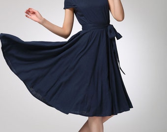 navy dress, off shoulder dress, women linen dress, mod dress, prom dress , linen clothing, custom made, midi dress, fit and flare 1262