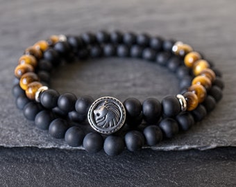 Mens wrap bracelet Triple wrap bracelet Mens beaded bracelet Tiger Eye bracelet Black onyx bracelet Mens gemstone bracelet Lion bracelet men