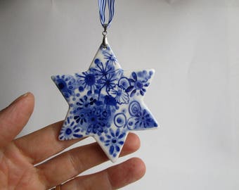 Delft Star Christmas Tree Ornament - Hand painted Blue and white porcelain ornament